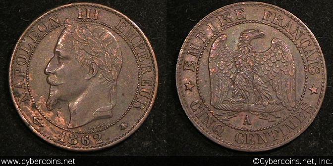 France, 1862A, 5 centimes,  XF+, KM797.1