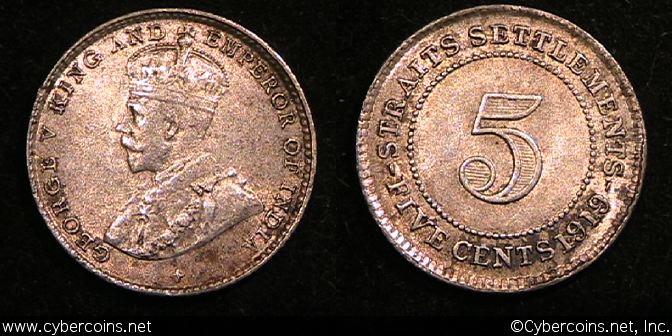 Straits Settlements, 1919, 5 Cents, KM31, XF