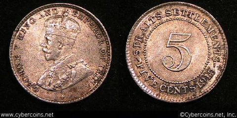 Straits Settlements, 1919, 5 Cents, KM31, XF