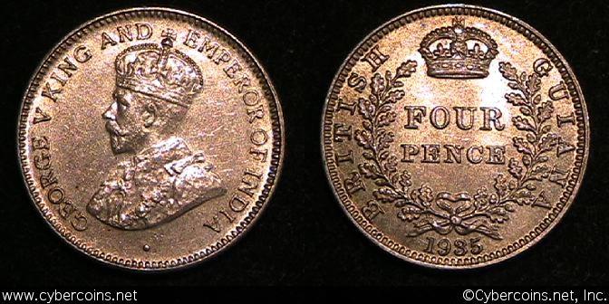 Guyana, 1935, 4 pence, KM29, UNCminus