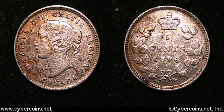 1896, Canada 5 cent, KM2, VF. Toned by some