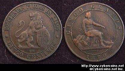 Spain, 1870OM,  5 centimos, VF, KM662