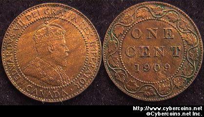 1909, Canada cent, KM8, AU. Just a trace of