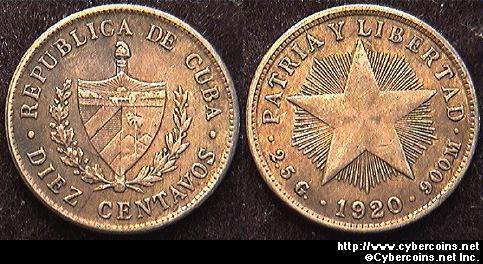 Cuba, 1920,  10 centavos, XF, KM12