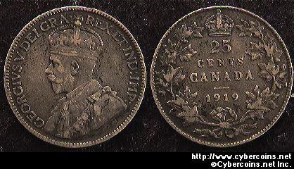 1919, Canada 25 cent, KM24, VF