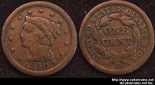 1850, VG   Braided Hair Large Cent.