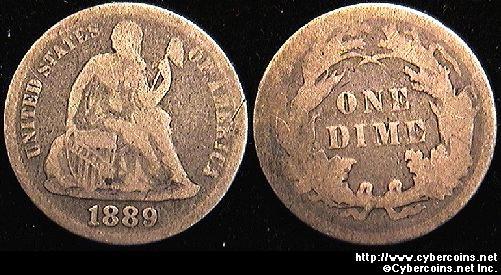 1889 Seated Dime, Grade= VG