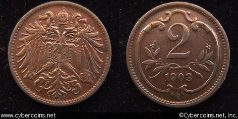 Austria, 1903,  2 heller, Choice AU, KM2801