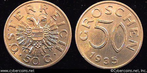 Austria, 1935,  50 groschen, AU, KM2854