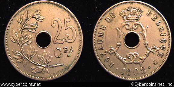 Belgium, 1908,  25 centimes, XF, KM62