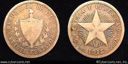 Cuba, 1915, 20 centavos,  F, KM13.2