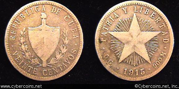 Cuba, 1915, 20 centavos,  F, KM13.2
