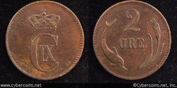 Denmark, 1874H,   2 ore,  XF+, KM793.1