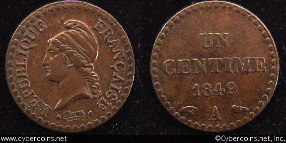 France, 1849A,  1 centime, XF+, KM754