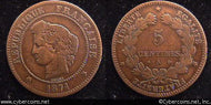 France, 1874A,  5 centimes, VF, KM821.1, Y43.1