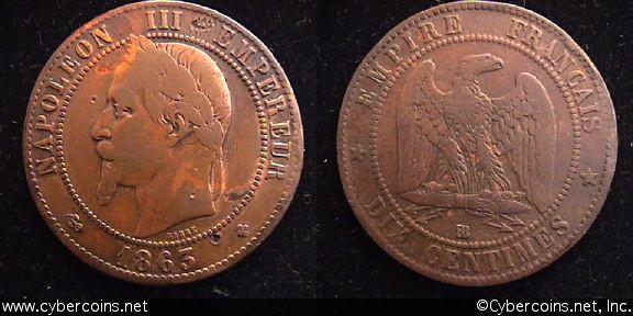 France, 1863BB, 10 centimes,  VF/F, KM798.2