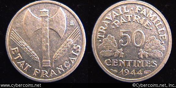 France, 1944B,  50 centimes, AU, KM914.2