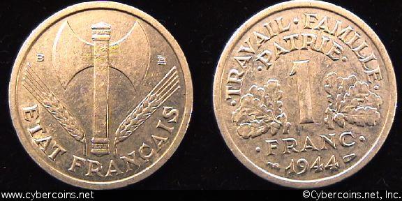 France, 1944B, 1 franc, AU, KM902.2. Exact coin imaged 
