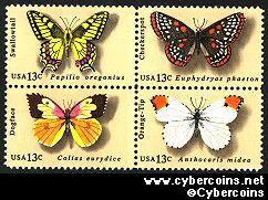 Scott 1712-15 mint 13c -  Butterflies, 4 varieties, attached
