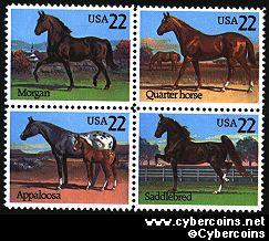 Scott 2155-58 sheet mint 22c (40) - American Horses, 4 varieties, attached