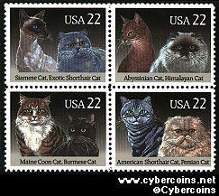 Scott 2372-75 mint 22c -  Cats, 4 varieties, attached