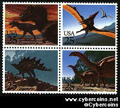 Scott 2422-25 mint 25c - Prehistoric Animals, 4 varieties, attached