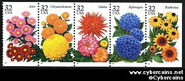 Scott 2993-97 mint 32c - Fall Garden Flowers, bklt pane of 5 attached