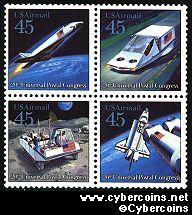 Scott C122-25 mint 45c - Futuristic Mail Delivery, 4 attached