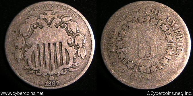 1867  VG  Shield Nickel  rays