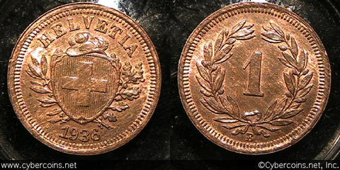 Switzerland, 1936B, 1 rappen,  UNC, KM3