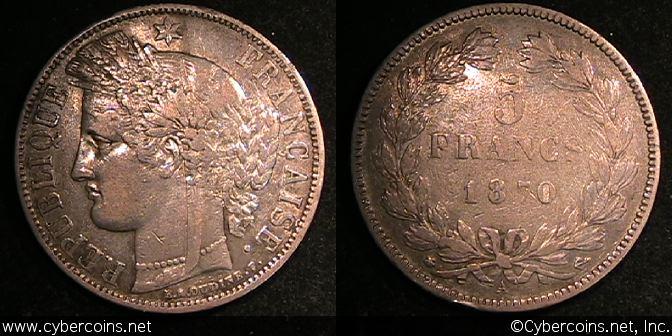 France, 1870A, 5 Francs, KM818.1, XF/VF