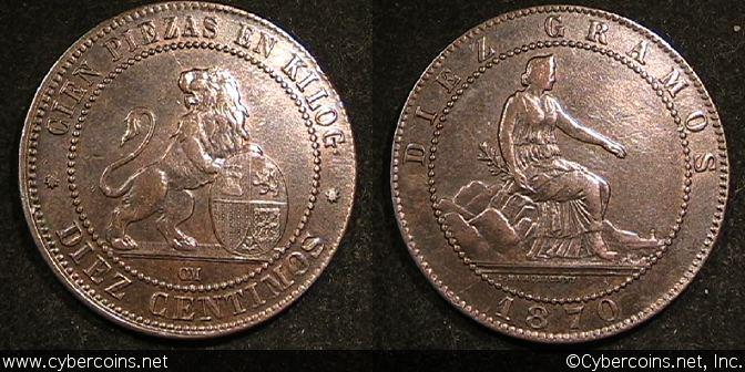 Spain, 1870OM, 10 centimos, XF, KM663