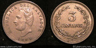 El Salvador, 1889H, 3 Centavos, KM107, AU