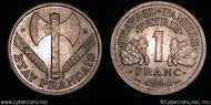 France, 1944B, 1 franc, XF, KM902.2  - Exact
