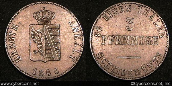 Anhalt-Bernburg, 1840, 3 Pfennig, KM92, XF