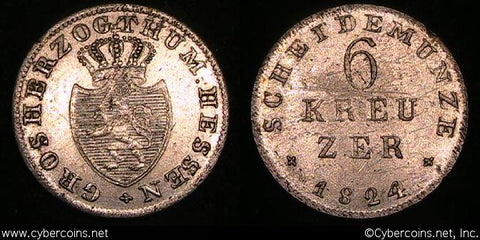 Hesse-Darmstadt, 1824, 6 Kreuzer, KM290, AU