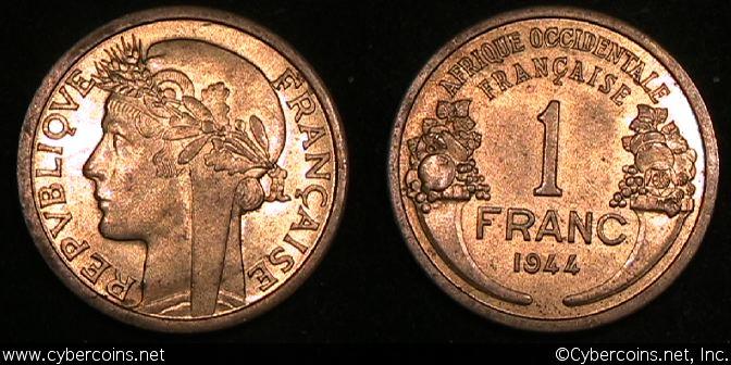 French West Africa, 1944, UNC, KM2 - 1 franc - exact coin imaged 