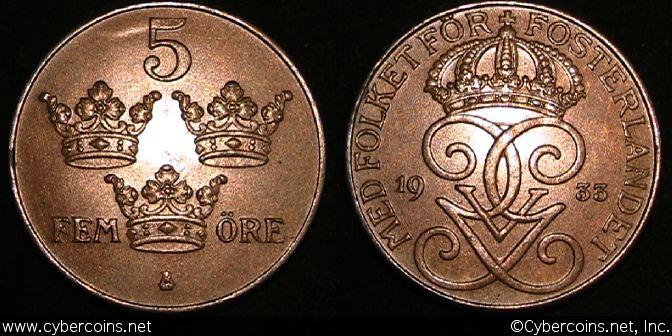 Sweden, 1933, 5 Ore, KM779.2, UNC