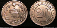Italy, 1894R, 20 centesimi,  AU/UNC, KM28.2