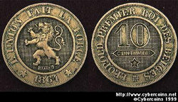 Belgium, 1864,  10 centimes, XF, KM22
