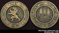 Belgium, 1864,  10 centimes, XF, KM22