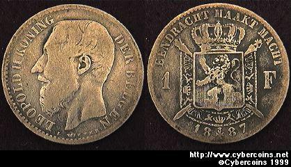 Belgium, 1887,  1 franc, F/VF, KM29.2