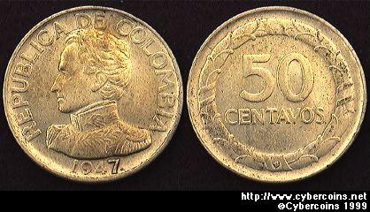 Columbia, 1947,  50 centavos, AU, KM209