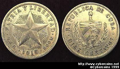 Cuba, 1915,  10 centavos, AU, KM12