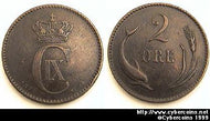 Denmark, 1875,  2 Ore,  XF, KM793.1