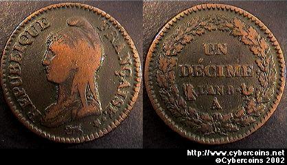 France, Lan8,  1 Decime, VF+, KM644.1