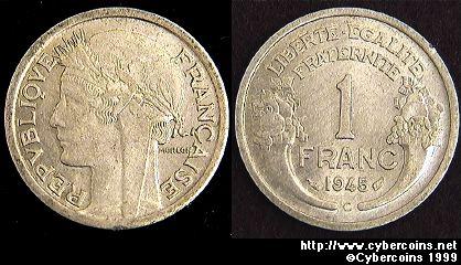 France, 1945C,  1 franc, AU, KM885a.1