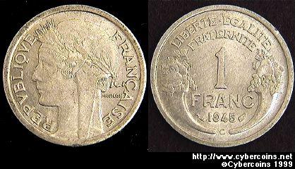 France, 1945C,  1 franc, AU, KM885a.1