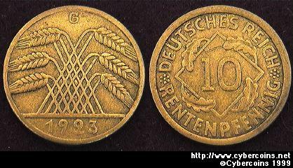 Germany, 1923G,  10 rentenpfennig, XF, KM33