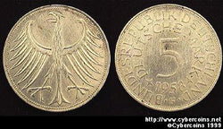 Germany, 1958F,     5 marks,  AU, KM112.1